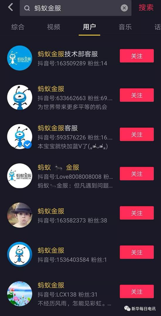 在抖音中以“螞蟻金服”等關(guān)鍵詞進(jìn)行檢索，出現(xiàn)大量山寨官方賬號(hào)的用戶(hù)，具有一定迷惑性。（手機(jī)截屏）
