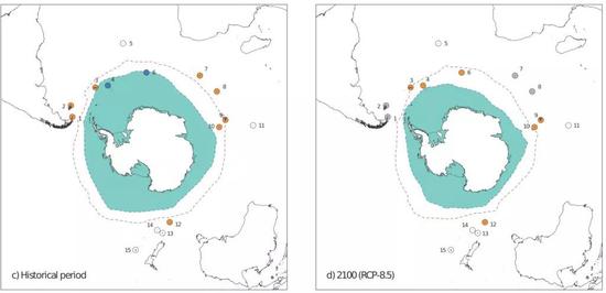 左圖為1981-2005年的情況，右圖為2100年的預(yù)測(cè)情況。圖中藍(lán)色陰影區(qū)域表示南極海冰的范圍，虛線表示鋒面的位置，不同數(shù)字代表南極大陸周圍的不同島嶼。島嶼的不同顏色的意義如下：橙色表示可以作為企鵝的棲息地；灰色表示距離鋒面太遠(yuǎn)，無法作為棲息地；白色表示島上沒有企鵝；藍(lán)色表示島上太寒冷，不能作為棲息地。圖中8號(hào)島嶼代表科雄島所在的克洛澤群島，我們可以看到，目前該群島適宜王企鵝生存，但是到本世紀(jì)末，該島嶼就不再適宜王企鵝生存。圖片來源：參考文獻(xiàn)[6]